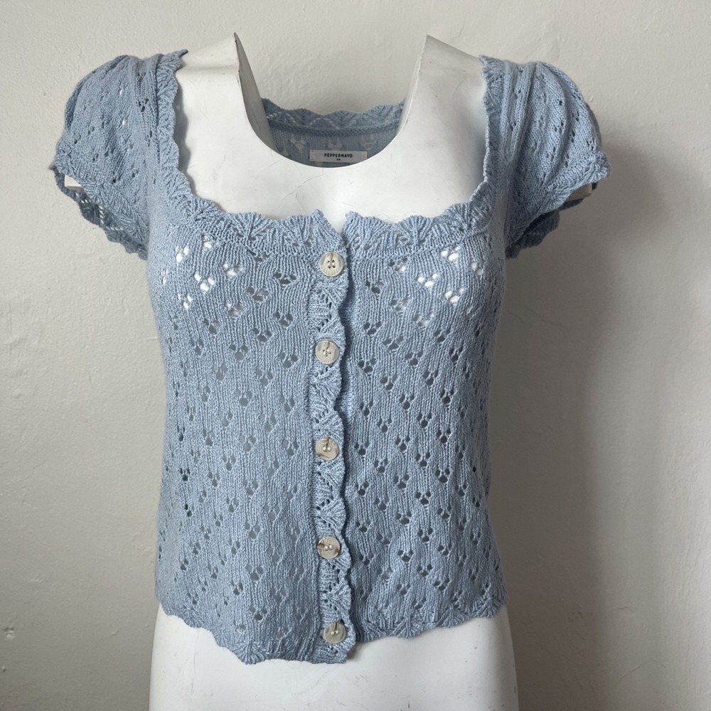 Peppermayo Short Sleeve Cropped Buttondown Cardigan Crochet Knit Womens S/M Blue